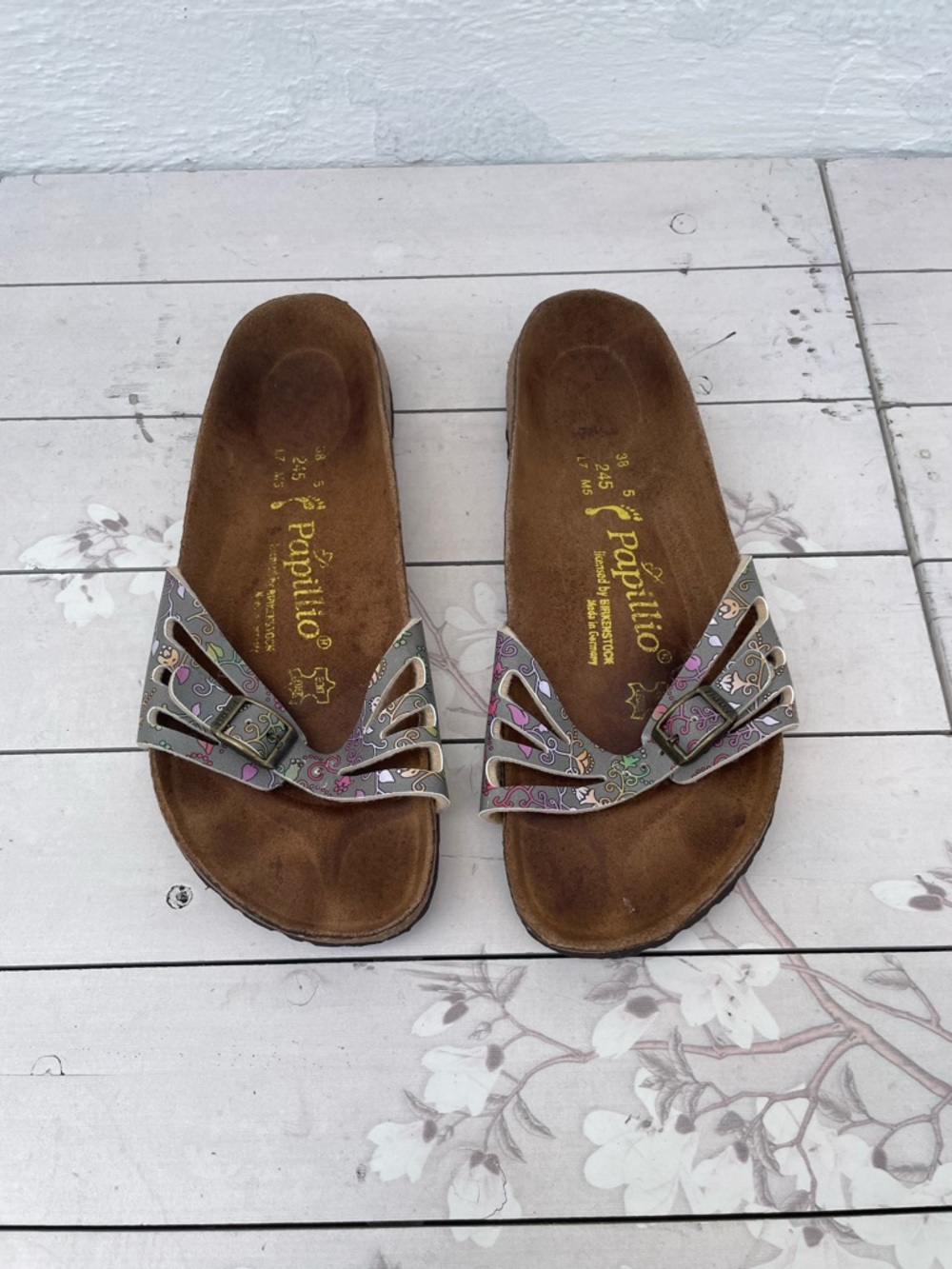 Papillio Brown Suede Slide Sandals with Decorative Multi-Color Straps